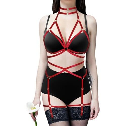 Women Harness Bra Body Harness Garter Sexy Elastic Goth Sword Belt Party Rave Wear Bdsm Hollow Out Erotic Lingerie Stockings Set