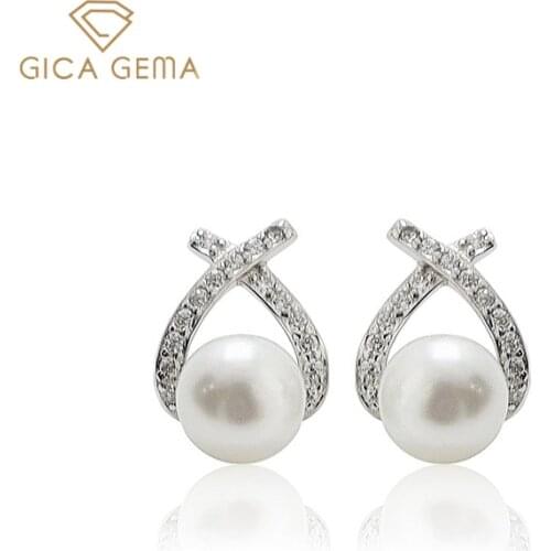 GICA GEMA Classic 925 Sterling Silver Diamond Freshwater Pearl Earrings For Women Fine Jewelry