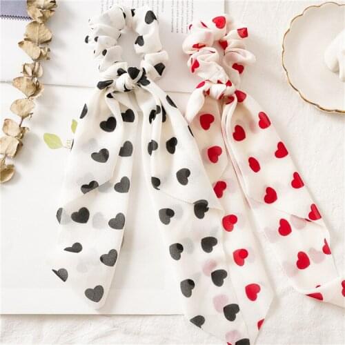 1PC Peach Heart Print Bow Satin Long Ribbon Ponytail Scarf Hair Tie Scrunchies Women Girls Elastic Hair Bands Hair Accessories