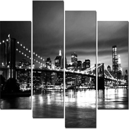 4 Pcs New York and Brooklyn Bridge Night Skylin Canvas Wall Art Pictures Prints Set Living Room Decor Canvas Pictures Wall Decor