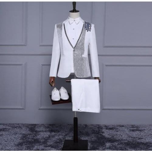 White sequins blazer men formal dress suit men costume homme stage chorus dance marriage wedding suits for mens new arrival