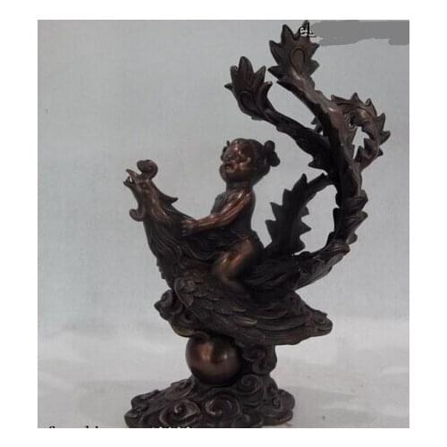 Bi001432 Chinese Red Bronze Copper fable Feng Shui Lucky Boy Ride on Phoenix Bird Statue