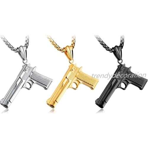 American Style Hip Hop Chain Men Women Pendant Necklace Gold Color Stainless Steel Vintage Gun Necklace Jewelry