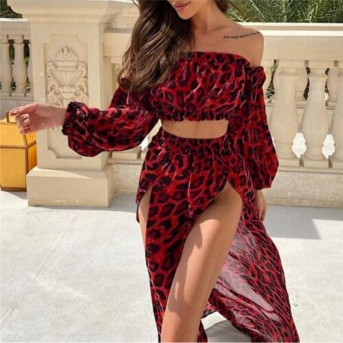 Women Sexy Beach Bikini Cover Up Mesh Sheer Leopard Print Strapless Puff Sleeve Crop Top and Skirt 2 Piece for Summer Vacation