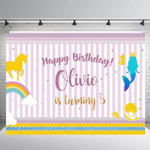 Photographic background unicorn mermaid Children Birthday party Decorations banner cake table backdrop photo booth props B-411