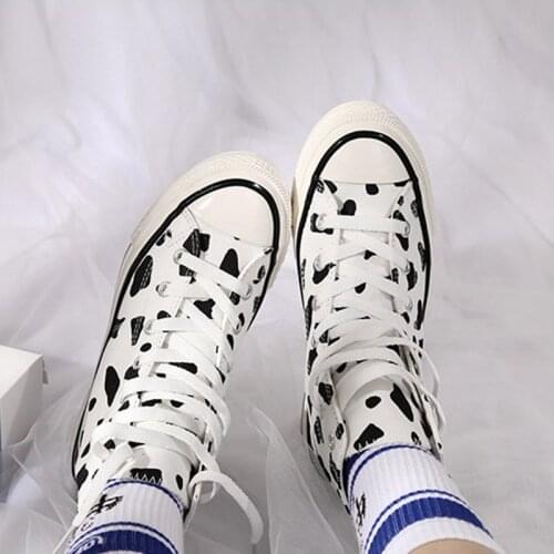 Woman Canvas Sneakers Womens Classic Flats Female Lace Up Cow Spot Shoes Women High-top Shoes Student 2021 Fashion