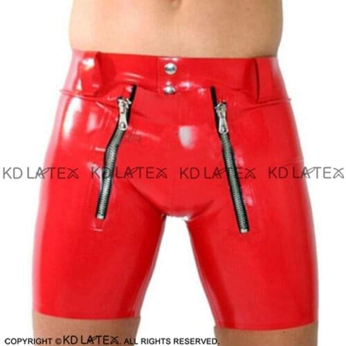 Red Sexy Latex Boxer Shorts With Three Zippers Open Holds Rubber Underpants Underwear Briefs DK-0183