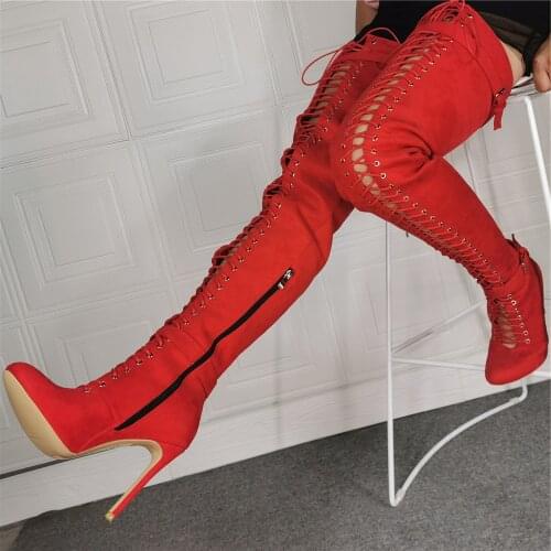 Beauty Sexy Women Winter Over Knee High Boots Hot Red Lace Up Long Thigh High Boots Customized Big Size 47