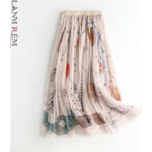 LANMREM 2021 Spring Pleated Mesh Skirts Elastic High Waist Printed All-Match Female Cute Casual Midi Skirt 2A6042