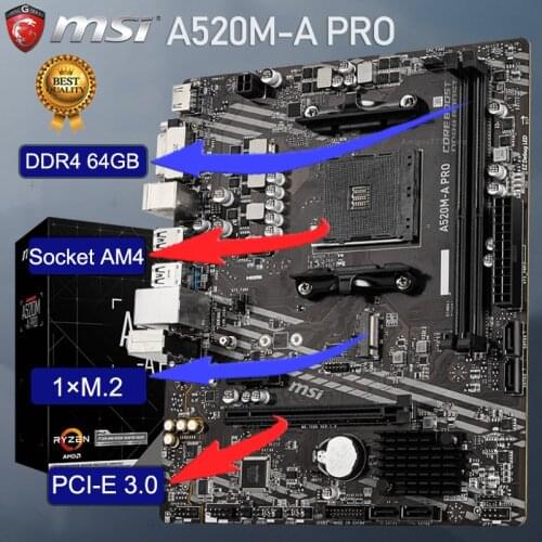 MSI A520M-A PRO A520 Motherboard PCI-E 3.0 DDR4 64GB SATA III 3TH Gen AMD Ryzen Socket AM4 Micro ATX Motherboard Placa-mãe New