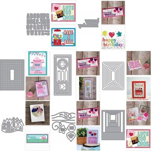 Metal Cutting Dies Set Happy Birthday A-Z Letter Scallop Banner Layer Frame Hill Road Balloon Strips for DIY Craft Cards 2021