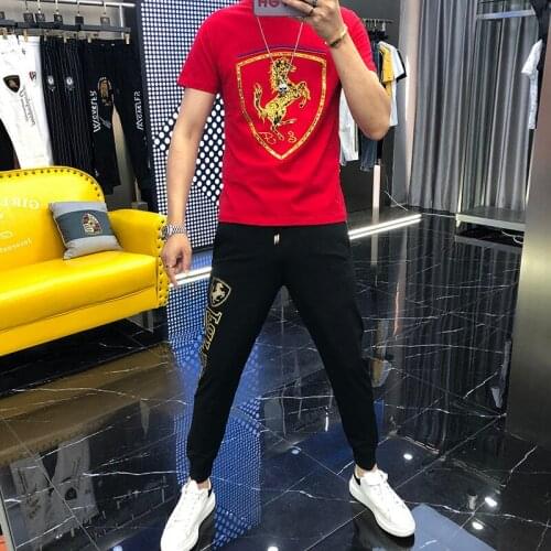 Mens casual Outfits 2021 new summer Korean fashion handsome hot drill ice silk sports clothes mens set