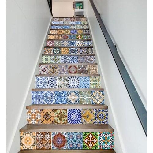 13pcs/set Retro Old Style Stairs Stickers Home Decor Villa Stairs Art Mural Removable Peel & Stick Waterpoof PVC Wall Sticker