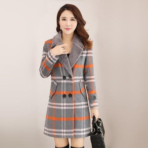 New Women Wool Blends Coat Winter 2018 Fur Collar Plaid Orange Green Thicken Woolen Jacket Loose Long Tops Outerwear Female