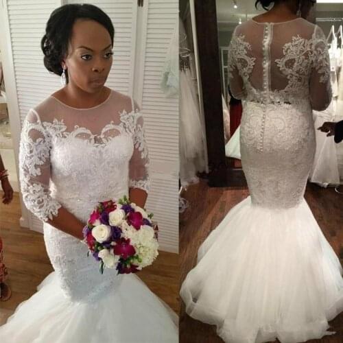 New African Mermad Wedding Dresses Jewel 3/4 Long Sleeve Sweep Train Appliques Beads Garden Country Bridal Gowns vestidos de
