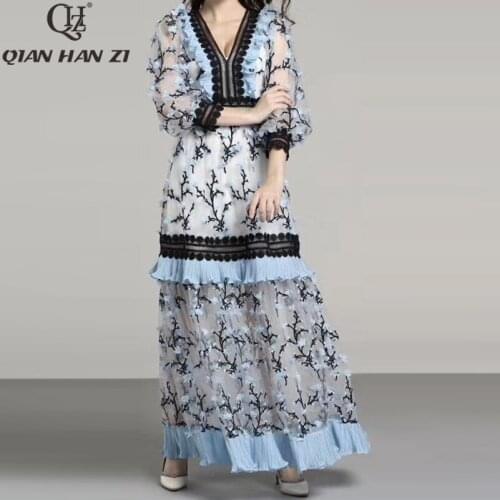 Qian Han Zi new Fashion Runway Maxi dress Womens Lantern Sleeve Mesh High Quality Embroidered V-neck Ruffled Vintage Long Dress
