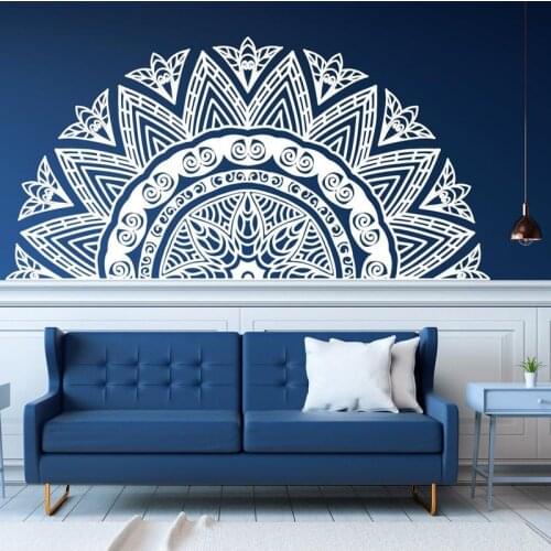 Half Mandala Headboard Vinyl Sticker Zen Decor Lotus Flower Mandala Decal Indian Yoga Sticker Vinyl Boho Bohemian Decor E711