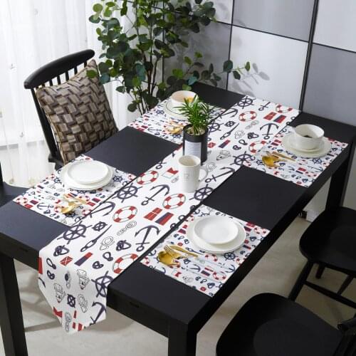 Mediterranean Nautical Theme Anchor Table Runner Set for Home Kitchen Dining Table Wedding Party Holiday Dinner Decoration