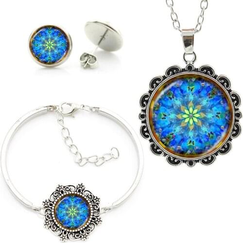 Vintage blue mandala Buddhist OM symbol glass cabochon earrings bracelet necklace sets women gifts wedding jewelry set