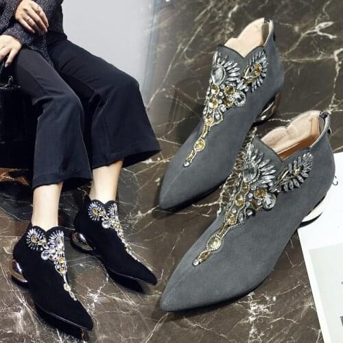 Women Spring Autumn Winter Retro Round Toe Rhinestone Bling Short Boots Cow Suede Zipper Antiskid Sole Shoes 20190316