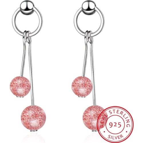 2019 Sweet Simple Circle Natural Strawberry Crystal Tassel Earrings 925 Sterling Silver Earrings For Women S-E140