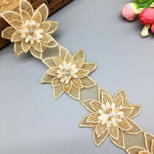 1 yard Vintage Gold 3D Cotton Pearl Flower Embroidered Lace Trim Ribbon Fabric Handmade DIY Wedding Dress Sewing Supplies Craft