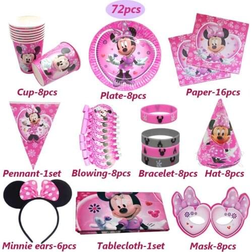 72pcs Disney minnie mouse party ballons decoration birthday Background decor Disposable tableware for baby girl birthday decor