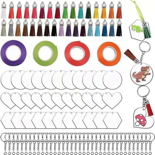 1 Set Acrylic Keychain Blanks 148 pcs Bulk Clear Circle Round Heart Shape Acrylic Disc DIY Kit with Blank Tassels Keychain