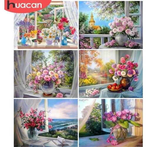 HUACAN Diamond Painting Flower Cross Stitch Wall Decoration Diamond Mosaic Window Landscape Handmade Gift