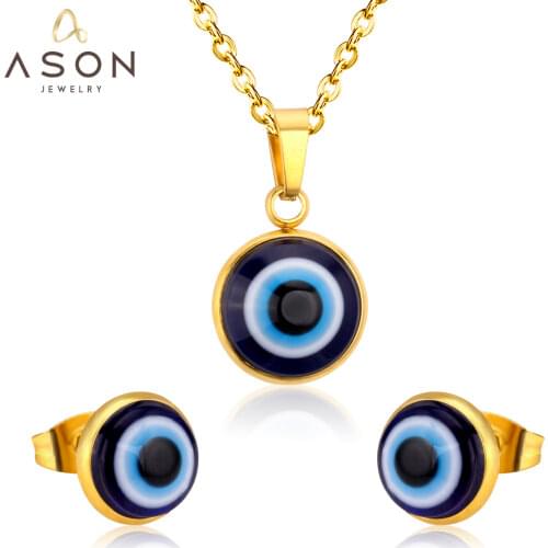 ASONSTEEL Necklace Sets Stainless Steel Blue Evil Eyes Pendant Necklace Stud Earrings Party Best Friend Gift