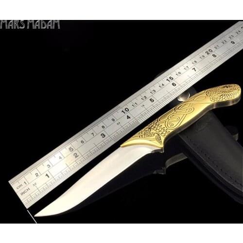 Free shipping Yellow Copper Handle Tactical Straight Knife Exquisite gift knife Outdoor camping tool knife