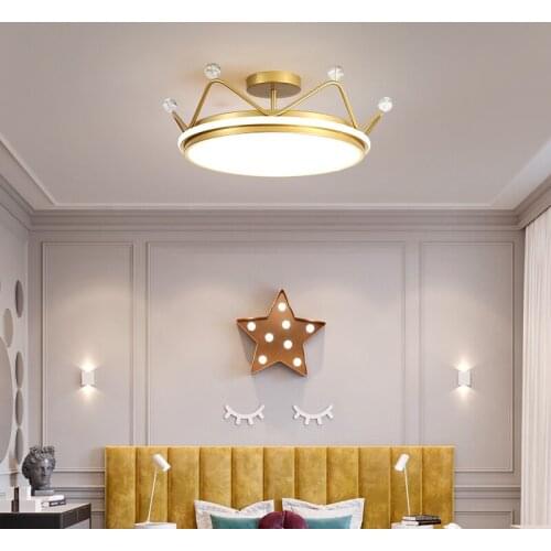 Childrens Room Ceiling Light Modern Kids Baby Bedroom Study Lighting Fixtures Creative Gold Pink Blue Crown Ceiling Mount Lamps