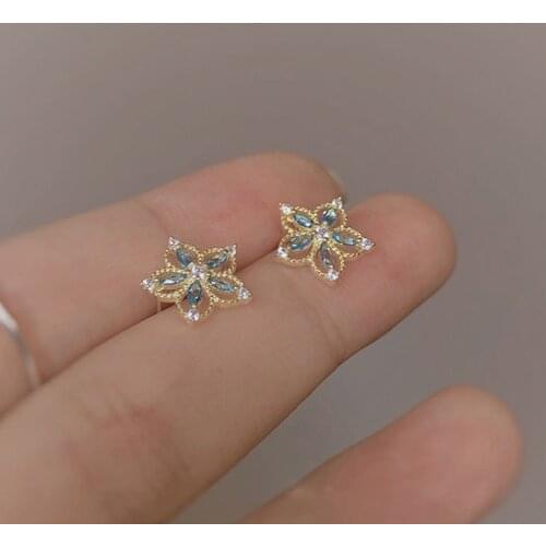 Designer original new blue gold rim inlaid orchid earrings hollow flowers luxury exquisite charm ladies silver jewelry