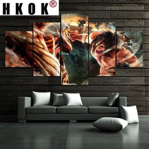 HKOK Living Room UnFramed Canvas 5Pcs Attack on Titan Eren Yeager Shingeki Wall Art Posters Pictures Paintings Home Decor