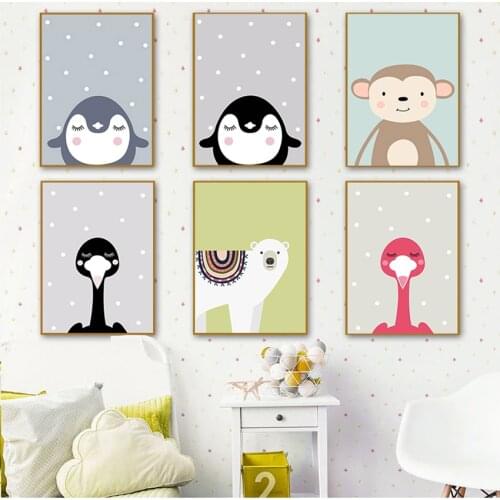 Nordic Kids Child Room Decoration Picture Cute Cartoon Baby Animal Penguin Monkey Nursery Canvas Art Print Wall Painting