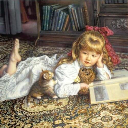 Oneroom Little Girl and Cat Cute Kid Cross Stitch Kits Crafts Art Needlework 14CT Unprinted Embroidered Handmade DMC Wall