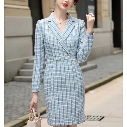 2021 Autumn Womens Suit Dress Pink Blue Notched Office Lady Work Clothes Plaid Straight Fashion Vestidos Mini Dress Women