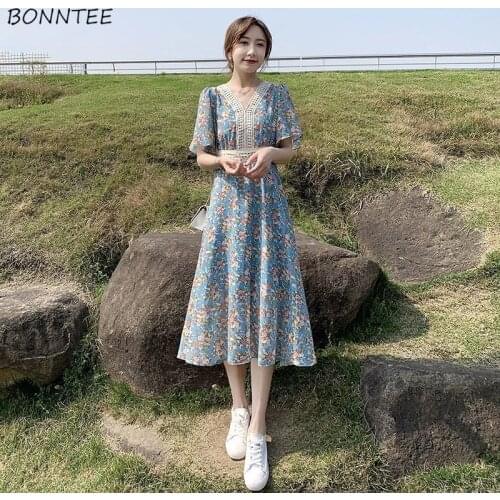 Dresses Women Blue Floral Oversize A-line Elegant Summer Short Sleeve New Tender Trendy Midi Sundress V-neck Vestido Feminino