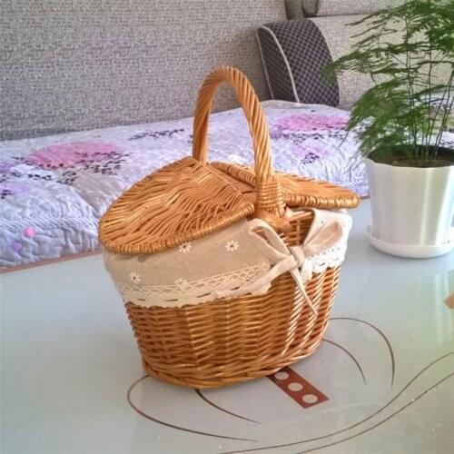 Handmade Woven Rattan Basket With Handle And Double Lids Camping Picnic Food Storage Container Kitchen Supplies