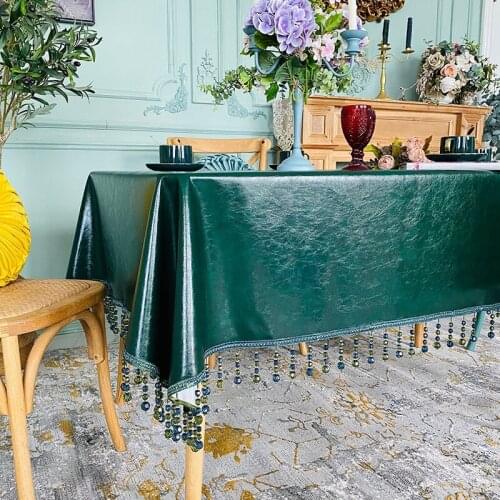 PU Tablecloth Waterproof Oil-proof Leather Tablecloth Home Decor Coffee Table Cover Towel Solid Color Beaded Tassel Table Cloth