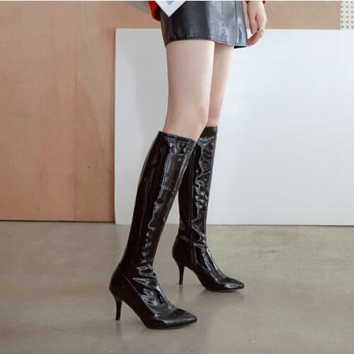 PXELENA Sexy Nightclub Pole Dancing Knee High Boots Women Pointed Toe Patent Leather Stiletto High Heels Knee High Boots Shoes