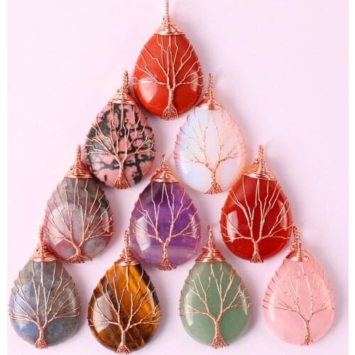 Tigereye/Carnelian/Opal/Quartz/Green Aventurine/Purple Crystal/Labradorite Handmade Wire Wrap GEM Pendant Teardrop Jewelry