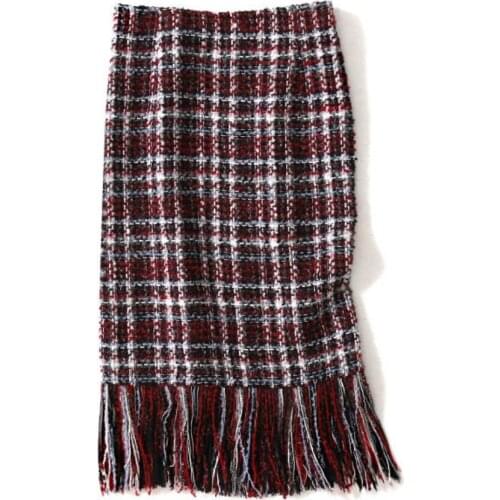 Vintage Plaid TASSEL Tweed Skirt Women Thick Wool High Waist A-Line Business Work package hip skirt