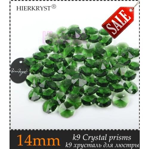 HIERKRYST 50 pcs 14 mm Octagon Beads Crystal Glass Chandelier Parts Rainbows Maker Prisms Pendants Connectors Green #07A
