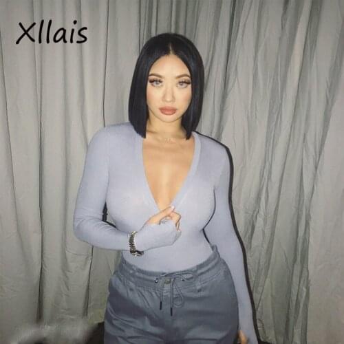 XLLAIS 2020 New Arrived Gray Women Rompers Jumpsuits Sexy Club Summer Long Sleeve Bodycon Short Playsuits Thumb Hole Bodysuit