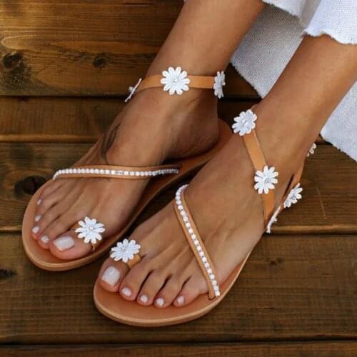 2021 Summer New Style Flat Flower Ladies Outdoor Fashion Leisure Beach Rhinestone Roman Sandals
