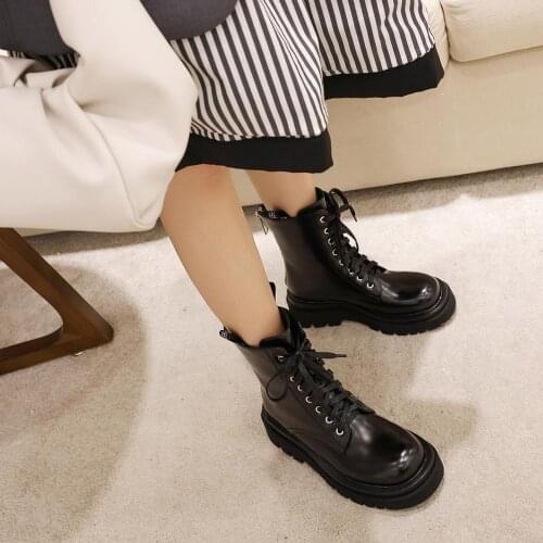 Osunlina Womans Winter Martin Boots Round Toe Square Heels Lace-Up Comfortable Zipper Platform Black Casual Flat Shoes A118