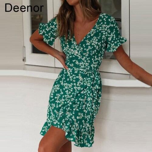 Deenor Sexy Women Dresses Summer V Neck Floral Print Boho Beach Dress Ruffle Short Sleeve A Line Mini Dress Wrap Sundress Robe