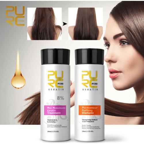 PURC 2PCS Brazilian Keratin Hair Treatment & Shampoo Before Formalin Keratin Straightening Smoothing Frizzy Curly Hair Care Set