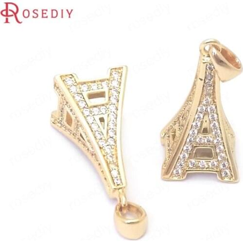 39064)2PCS Height 20MM 24K Gold Color Brass and Zircon Eiffel Tower Charms Pendants Jewelry Making Supplies Diy Accessories